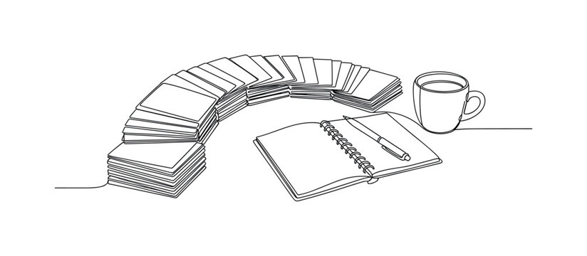 "Flashcard Learning Setup". Minimalistic one-line drawing a stack of flashcards spread across a study desk with simple study tools nearby, continuous single