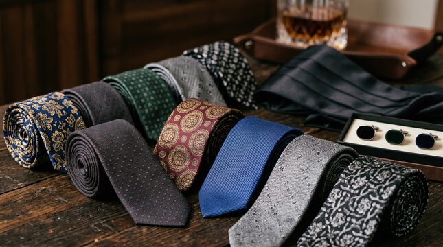 Formal accessory package featuring patterned ties prominently in focus with satin cummerbund and velvet cufflinks softly fading into the background showcasing variety.