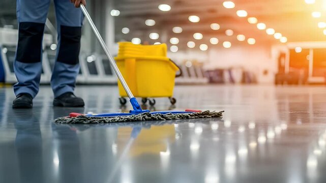 Professional janitor using a mop to clean the shiny tiled surface of a large commercial facility ensuring the area stays hygienic and spotless for all the workers there