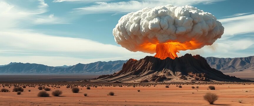Close-up view of a mushroom cloud rising from a desert landscape,  military,   conflict