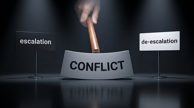 Hand hitting conflict block with a hammer between escalation and de-escalation signs illustrating conflict resolution and tension management concept