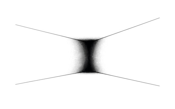 A single wall corner creating a sharp vanishing point, minimal geometry suggesting depth and confinement, off-center composition, black and white halftone