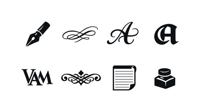 Classical calligraphy. Filled icon set of Classical calligraphy: pointed nib pen, copperplate script,