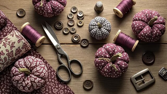 Artistic arrangement of sewing tools and fabric on a wooden table surface.