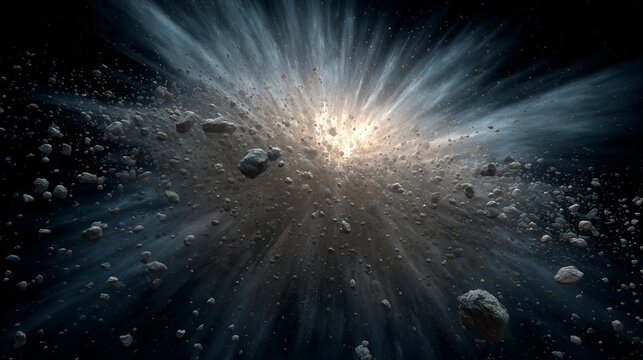 A bright explosion among the debris of asteroids in space. Light bursts scatter stone fragments in the cosmic void. Collision with an asteroid and the concept of a cosmic explosion.