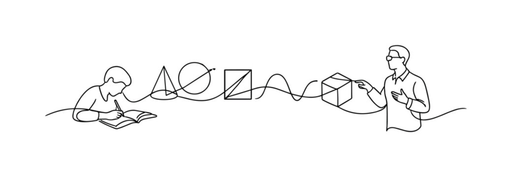 Learning Mathematics. Minimalistic one-line drawing student and teacher connected by flowing lines forming