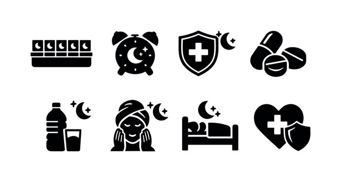 Nighttime health care. Filled icon set of Nighttime health care: medicine organizer, bedtime clock, health