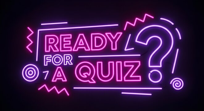 A captivating neon sign in glowing pink and purple hues, featuring the bold question "READY FOR A QUIZ?" with an iconic large question mark.