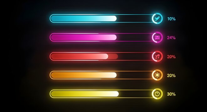 Five colorful neon progress bars with icons and percentage indicators on a dark background for digital design