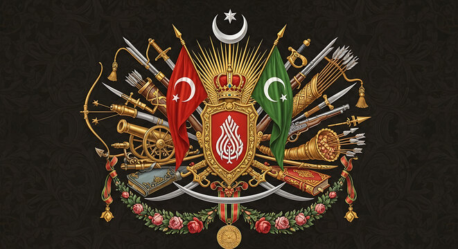 Turkish coat of arms with flags and weapons.