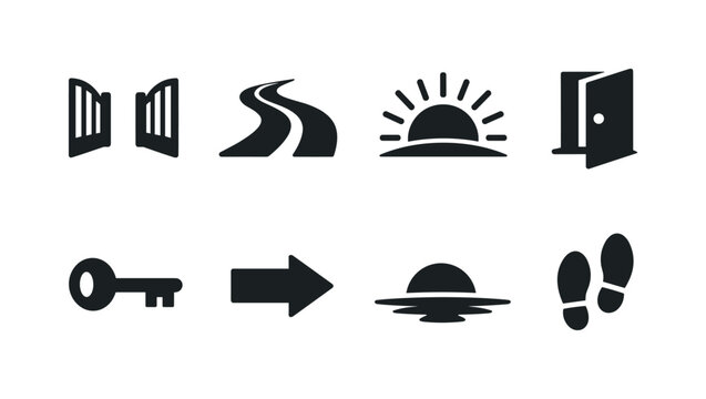 New Opportunity Symbols. Filled icon set of New Opportunity Symbols: gate opening, path road, rising sun, open