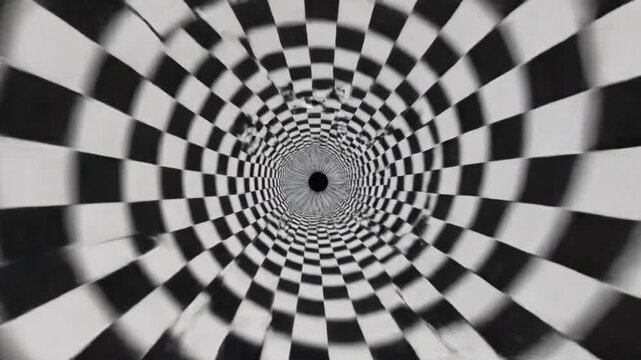 Hypnotic tunnel animation with black and white squares moving in a spiral pattern over time