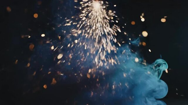 Blue sparks and smoke rise from a source at night during a special effects demonstration by VSRExport
