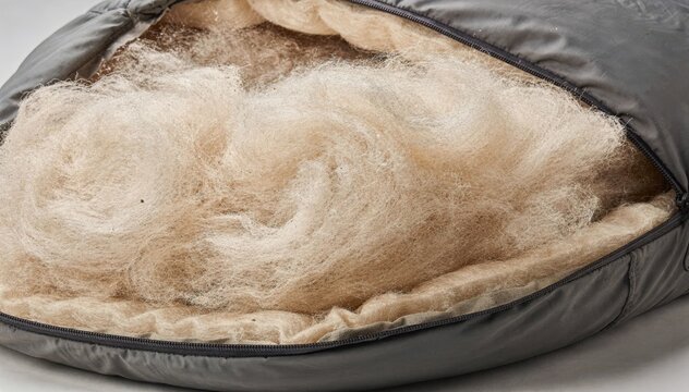 Closeup medium shot of lofty insulation fiber batts filling a sleeping bag emphasizing warmth and lightweight comfort in outdoor gear.