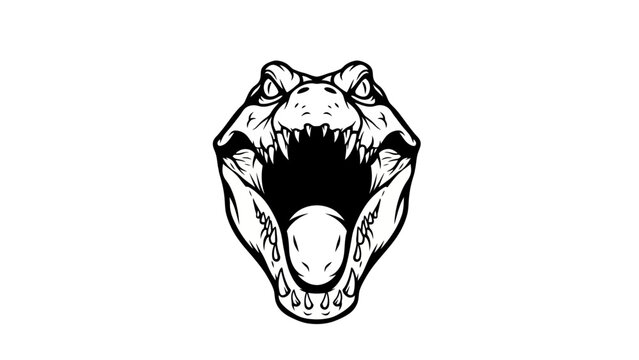 Aggressive Dinosaur Head Roaring with Sharp Teeth, Black and White Line Art