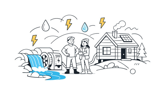 Small-scale renewable energy. Compact hydro generator connected to a cabin, flowing water and lightning icons
