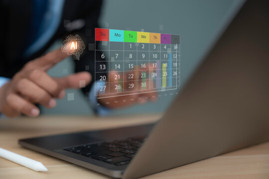 AI powered calendar planning on laptop with digital interface, representing smart scheduling, productivity, data analytics, and modern business time management technology.
