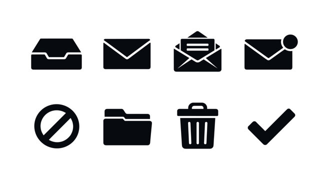 Clean Inbox Elements. Filled icon set of Clean Inbox Elements: inbox, envelope, open mail, unread badge, spam