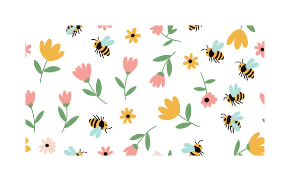 bees and flowers, seamless pattern, repeating pattern, surface design, textile print, cute bees buzzing among simple flowers petals and leafy stems in a lively