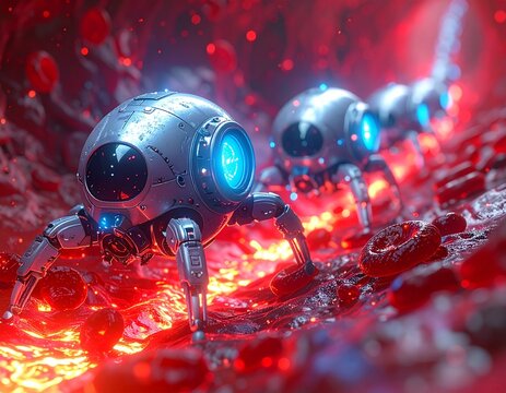 Silver Nanobot Pair Navigating Blood Vessel Nano Medicine 3D
