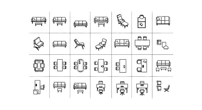 Architectural Furniture CAD Block Library for Interior Design Floor Plans with AutoCAD 2D Vector Icons of Sofa and Couch, Technical Blueprints, and Planning Symbols