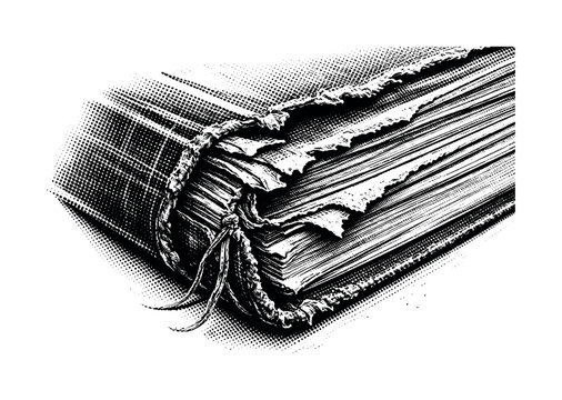Close-up of torn book pages and spine detail, ripped paper fibers abstracted into graphic textures, black and
