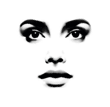 A minimal abstract face formed by bold black ink strokes suggesting eyes and mouth, centered and isolated, black and white halftone illustration, fine dot