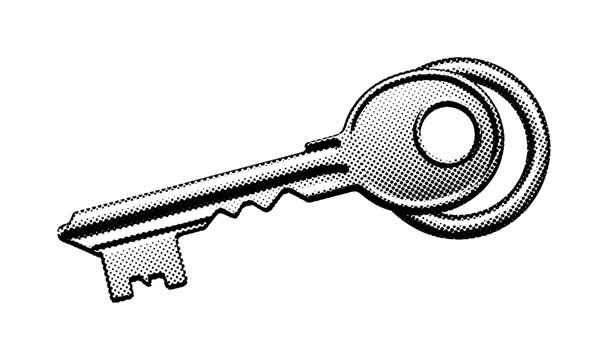 A single oversized iron key attached to a thick circular ring, minimal and symbolic, black and white halftone illustration, bold dot pattern contrast, high