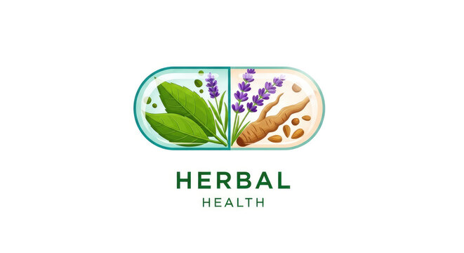 Herbal health logo with leaves, lavender, ginger root, and seeds.