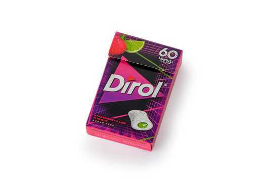 24 February 2026 Tbilisi, Georgia Dirol Strawberry & Lime Chewing Gum Isolated on White