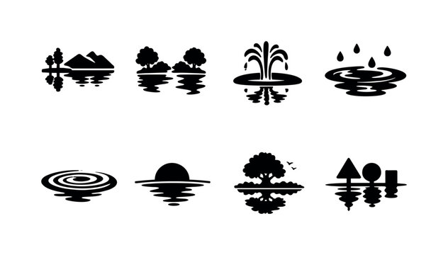 Water reflection photography. Filled icon set of Water reflection photography: still lake, river reflection,
