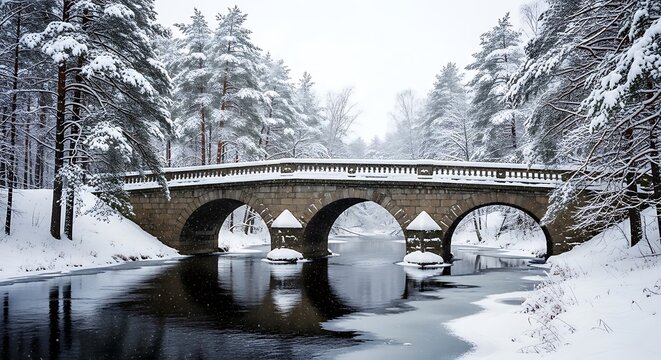 Stone bridge over frozen river in winter landscape with snow covered trees