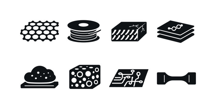 Advanced manufacturing materials. Filled icon set of Advanced manufacturing materials: graphene sheet, 3D