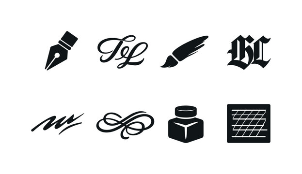 Calligraphy styles. Filled icon set of Calligraphy styles: calligraphy pen nib, flowing script letters, brush