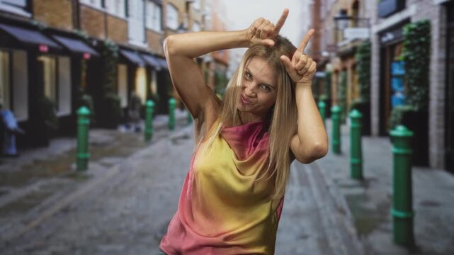 Woman lifts hands to head making horns gesture on a narrow cobblestone street wearing a sleeveless yellow pink top; playful joy.