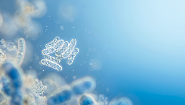 Close-up view of microscopic organisms in a clear blue environment, showcasing intricate details of their structure and formation.