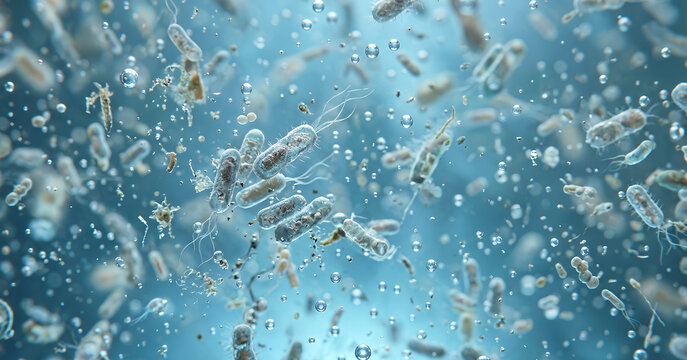 A stunning depiction of microorganisms in a fluid environment, highlighting details of bacteria and bubbles in a vibrant, bluish hue.