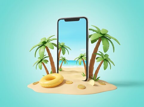 Smartphone dengan layar menampilkan pantai tropis lengkap pohon kelapa dan pelampung karet suasana liburan digital santai