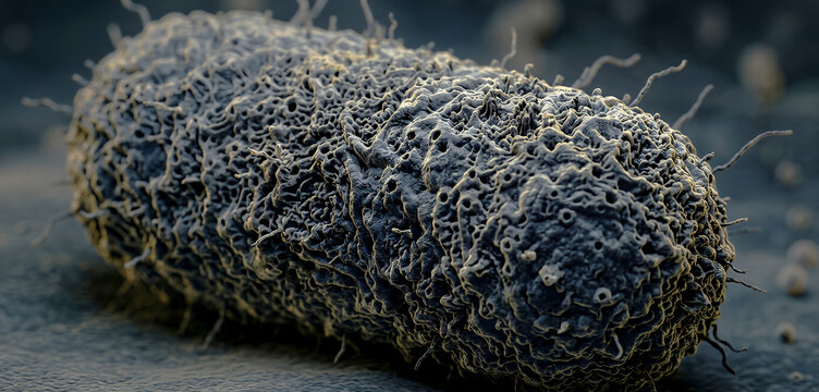 A close-up view of a textured, organic object resembling a microbe or bacterial cell, showcasing intricate details and irregular surface features.