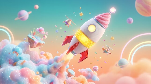 Roket lucu dengan warna cerah meluncur melalui awan berwarna pastel di dunia fantasi luar angkasa penuh planet dan bintang