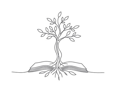 Roots of Knowledge. Minimalistic one-line drawing stylized tree rising from an open book with flowing
