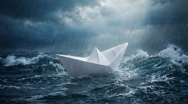 Perahu Kertas Mengarungi Ombak Besar di Laut Saat Hujan Deras dengan Langit Mendung Dramatis