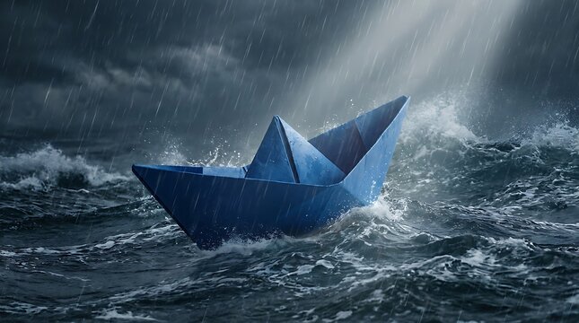 Perahu Kertas Biru Mengapung di Laut Bergelombang Saat Hujan Menyimbolkan Ketahanan dan Harapan dalam Kesulitan