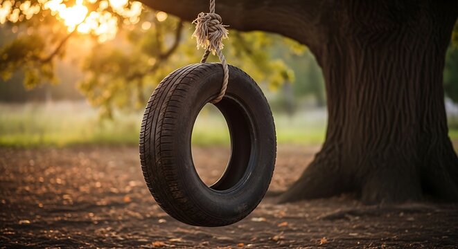 Tire swing hanging from large tree with sunlight backdrop outdoors scene