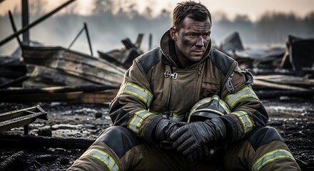 Obraz premium Tired firefighter rests amid the aftermath of a destructive fire disaster