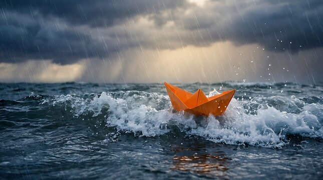Perahu Kertas Oranye di Laut Bergelombang Saat Hujan di Bawah Langit Mendung Gelap