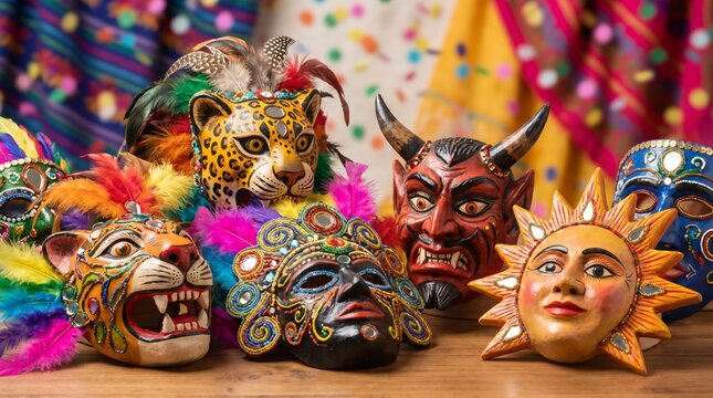 Colorful Mexican Carnival Masks and Costumes Close-Up
