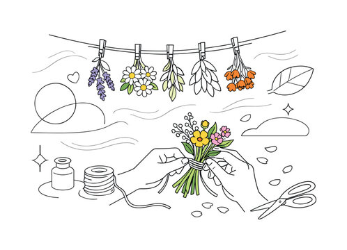 Flower drying process. A cozy scene with hands tying stems together, flowers hanging neatly, light breeze