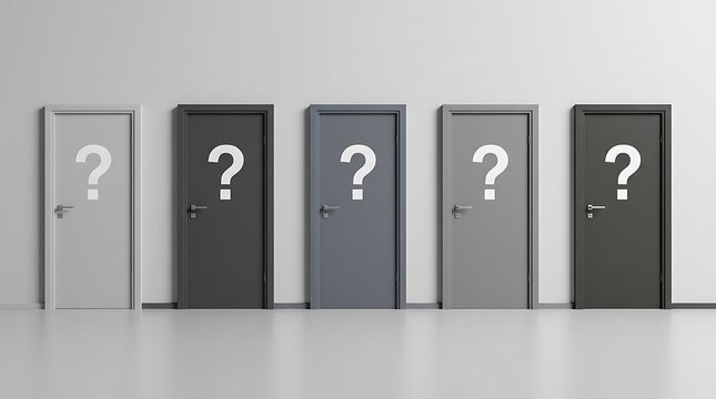 Deretan pintu berbagai warna dengan tanda tanya besar di tengah, menggambarkan pilihan dan ketidakpastian dalam mengambil keputusan penting