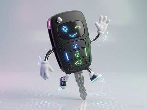 Kunci mobil digital keren dengan animasi wajah ceria melambai di latar belakang teknologi modern futuristik